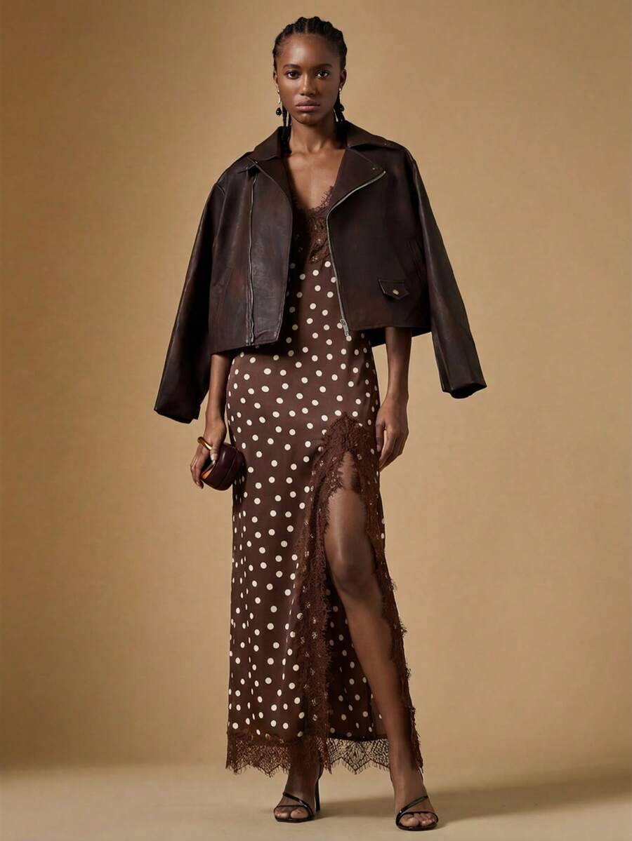 Women's black lace split satin long dress featuring spaghetti straps, asymmetrical slit hem, and matching arm sleeves.