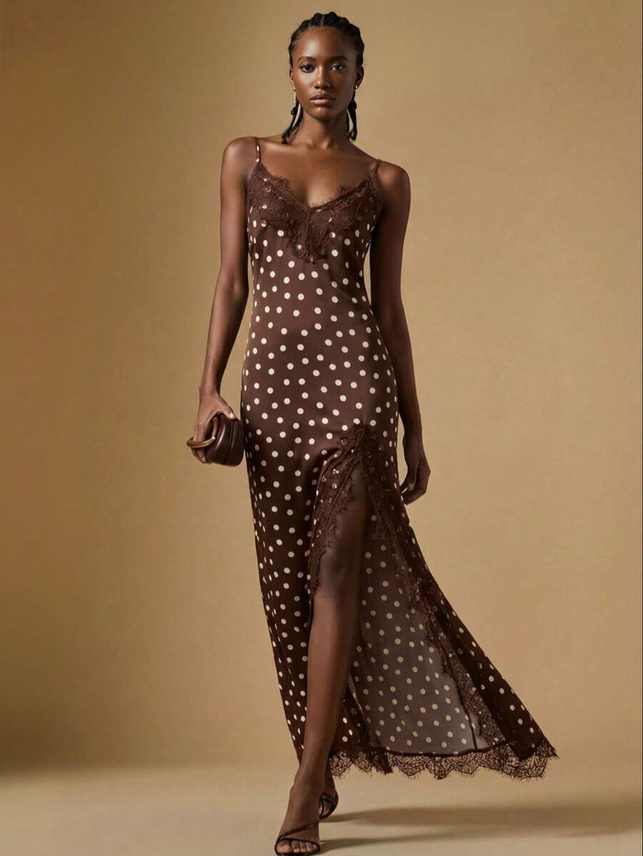 Women's black lace split satin long dress featuring spaghetti straps, asymmetrical slit hem, and matching arm sleeves.