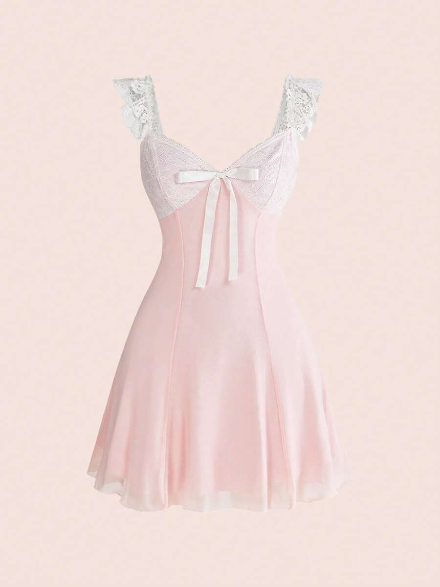 Gothic style lace patchwork sleeveless mini dress for women featuring a sweetheart neckline, high waist flared hem, contrast lace, bow, and knot details.