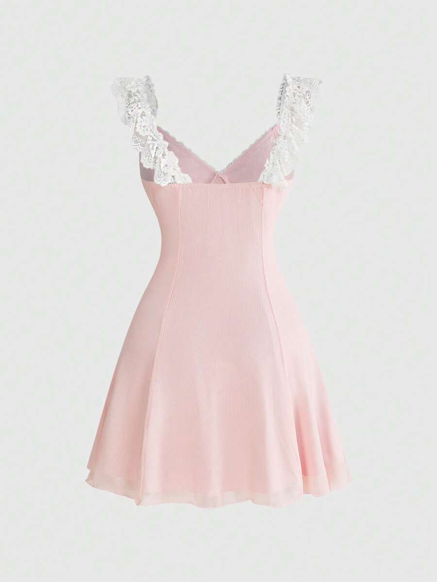 Gothic style lace patchwork sleeveless mini dress for women featuring a sweetheart neckline, high waist flared hem, contrast lace, bow, and knot details.