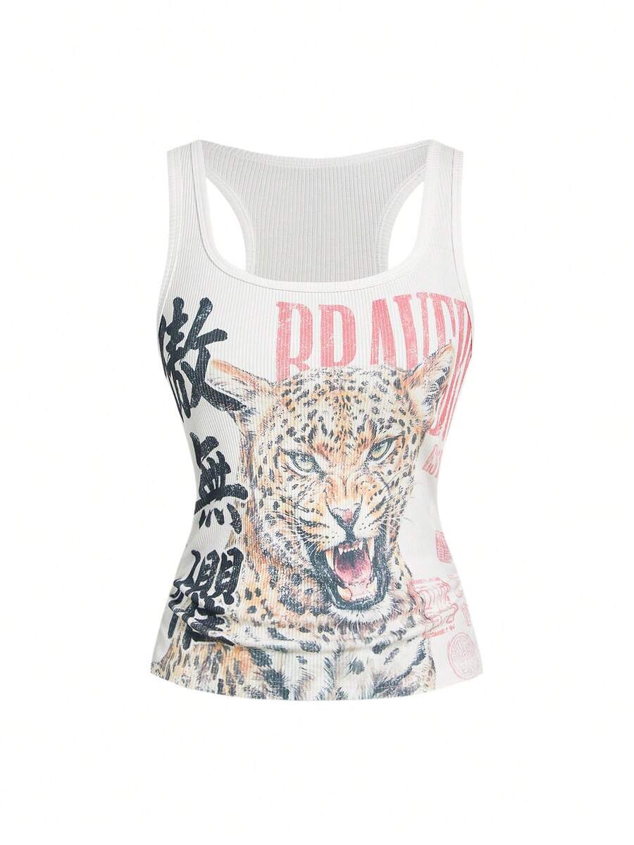 Black rib-knit scoop neck tank top featuring leopard print and graphic lettering for women.