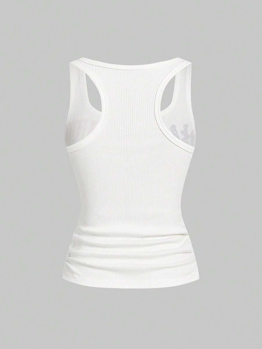 Black rib-knit scoop neck tank top featuring leopard print and graphic lettering for women.