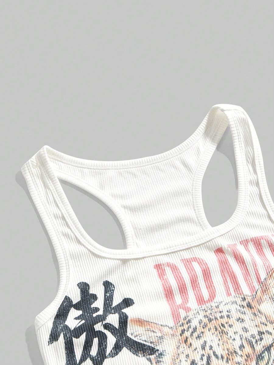 Black rib-knit scoop neck tank top featuring leopard print and graphic lettering for women.