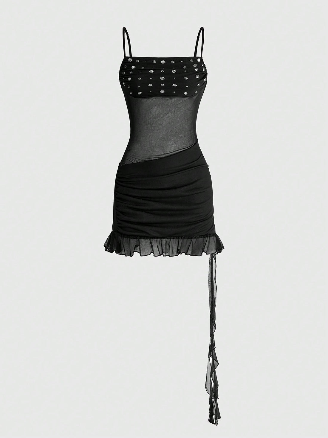 Black semi-sheer goth bodycon mini dress featuring spaghetti straps, studded details, flounce hem, and mesh fabric.