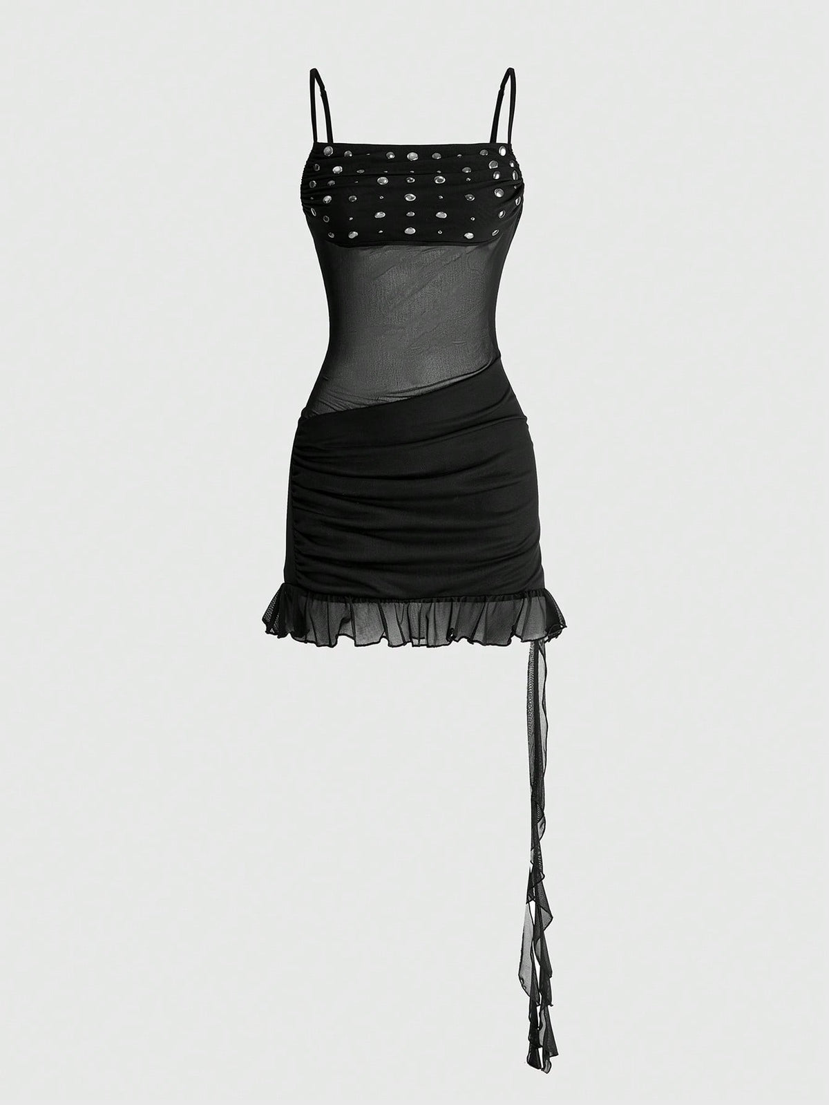 Black semi-sheer goth bodycon mini dress featuring spaghetti straps, studded details, flounce hem, and mesh fabric.