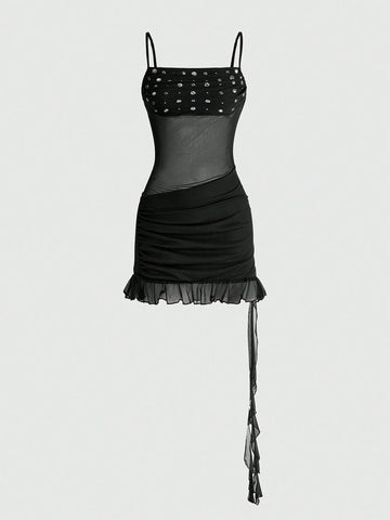 Black semi-sheer goth bodycon mini dress featuring spaghetti straps, studded details, flounce hem, and mesh fabric.