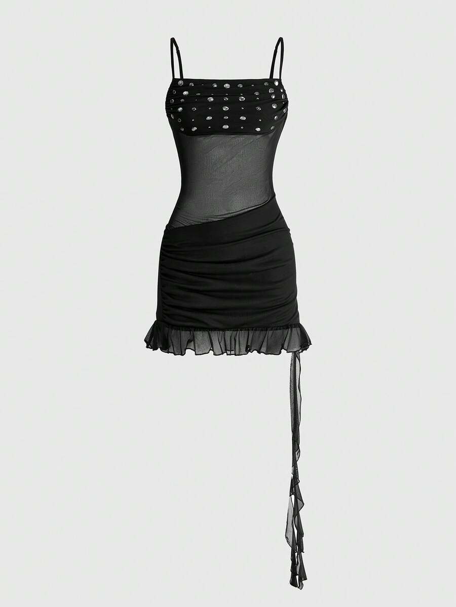 Black semi-sheer goth bodycon mini dress featuring spaghetti straps, studded details, flounce hem, and mesh fabric.