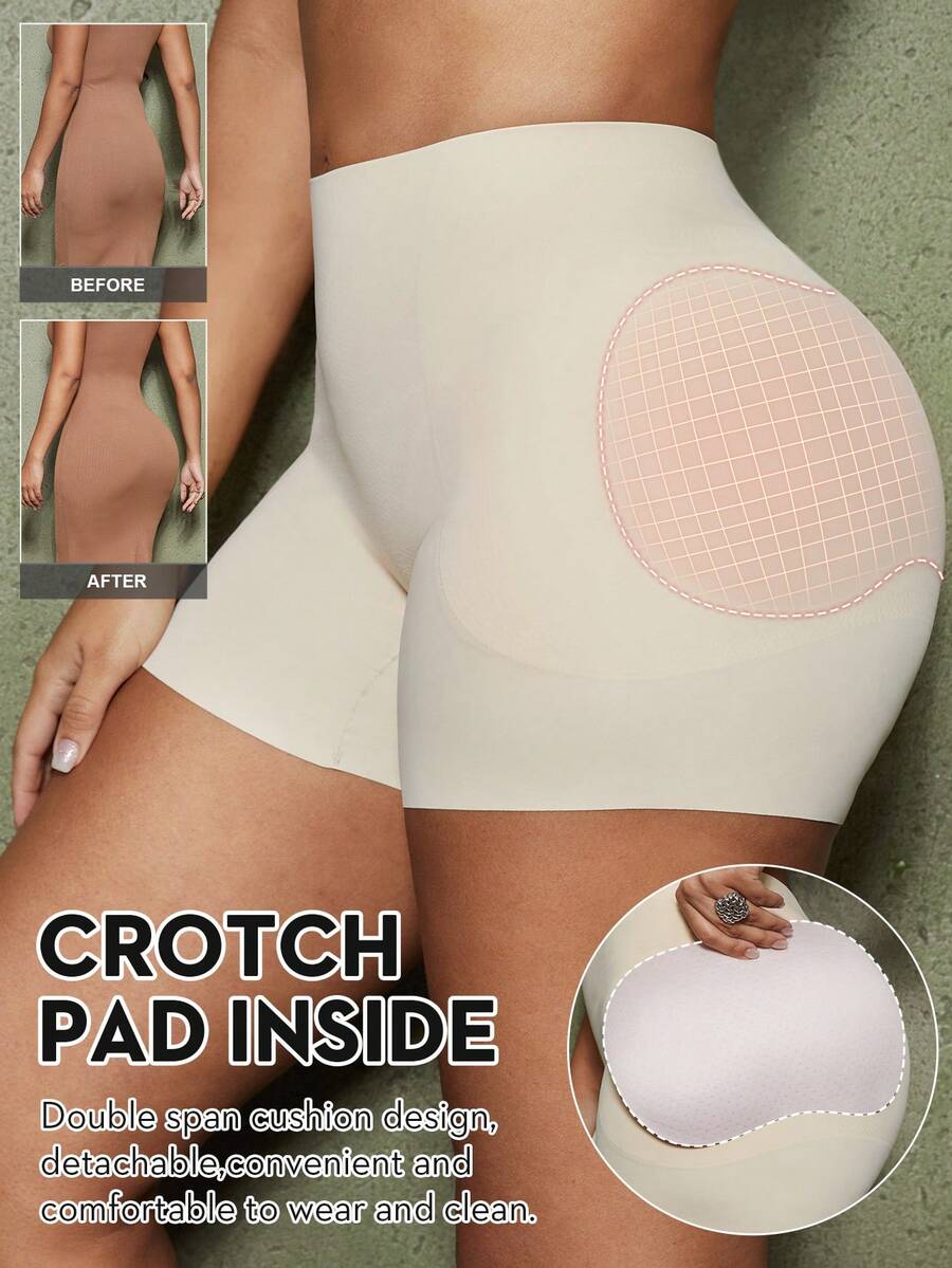 Women's black seamless waist trainer shorts featuring tummy control and butt lifting pads