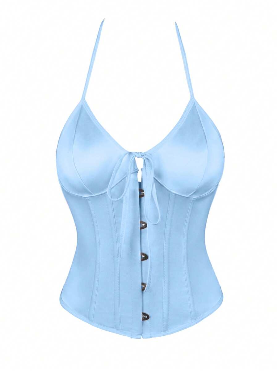 Black satin corset camisole crop top for women with halter neckline, front hook closure, back lace-up detail, and boned waist shaping.
