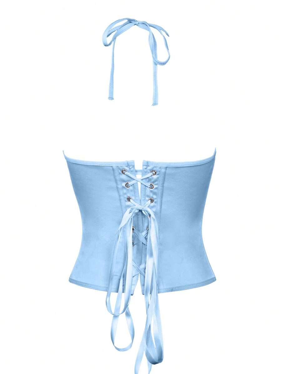 Black satin corset camisole crop top for women with halter neckline, front hook closure, back lace-up detail, and boned waist shaping.