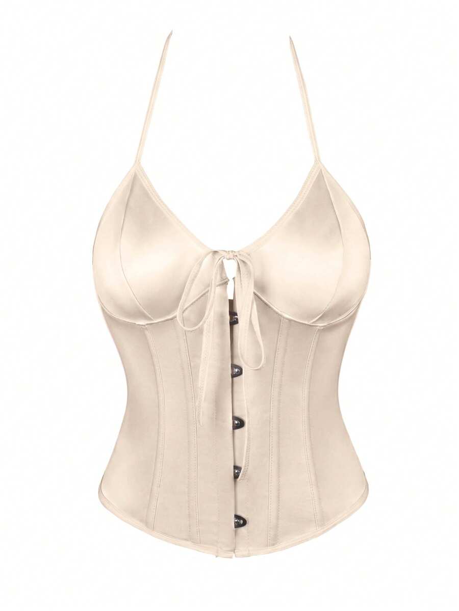 Black satin corset camisole crop top for women with halter neckline, front hook closure, back lace-up detail, and boned waist shaping.