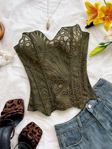 Women’s strapless corset bustier top with lace-up detail, asymmetrical embroidery, semi-sheer finish, and slim fit.