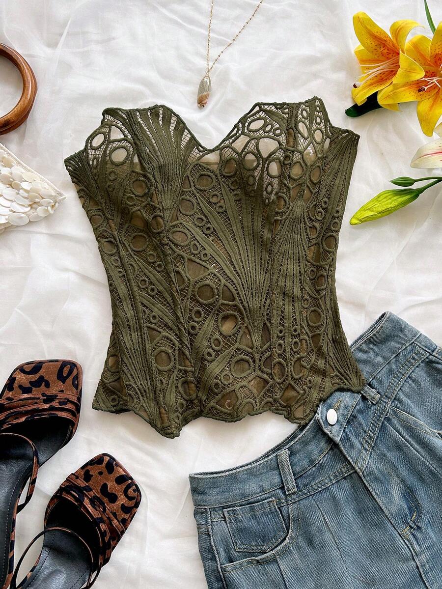 Women’s strapless corset bustier top with lace-up detail, asymmetrical embroidery, semi-sheer finish, and slim fit.