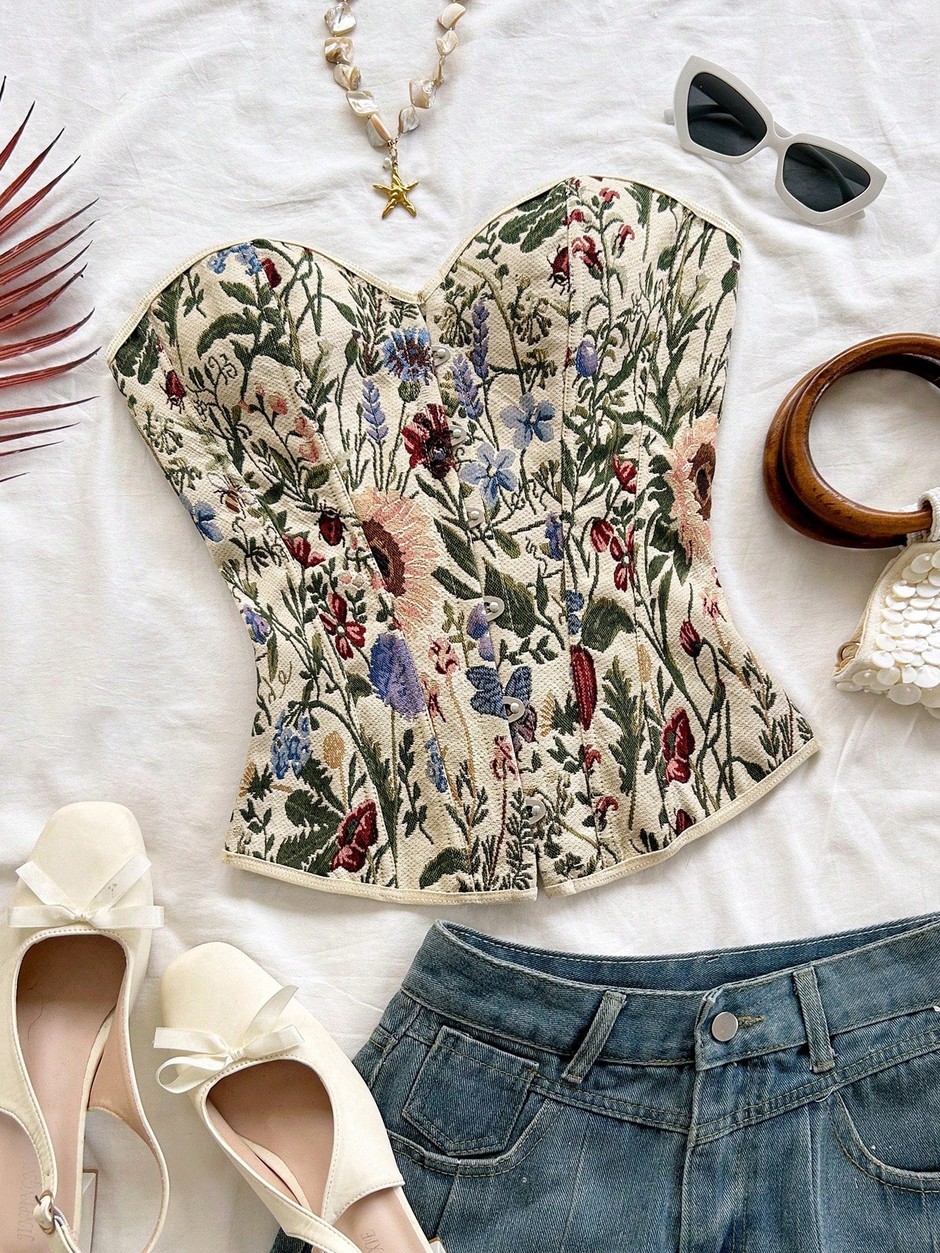 Women's apricot retro floral print bandeau crop top featuring a strapless asymmetrical neckline, lace-up back tie detail, and ruched slim fit woven fabric.