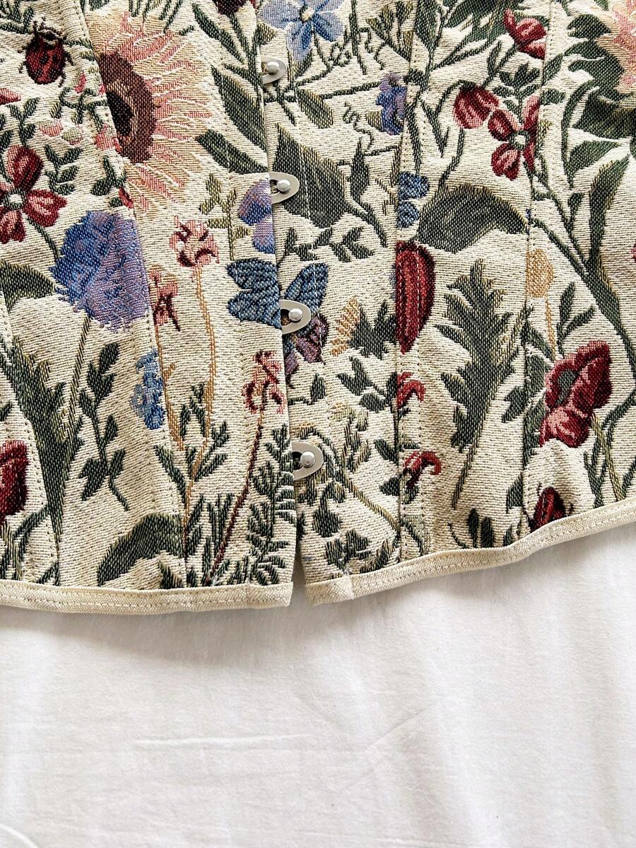 Women's apricot retro floral print bandeau crop top featuring a strapless asymmetrical neckline, lace-up back tie detail, and ruched slim fit woven fabric.