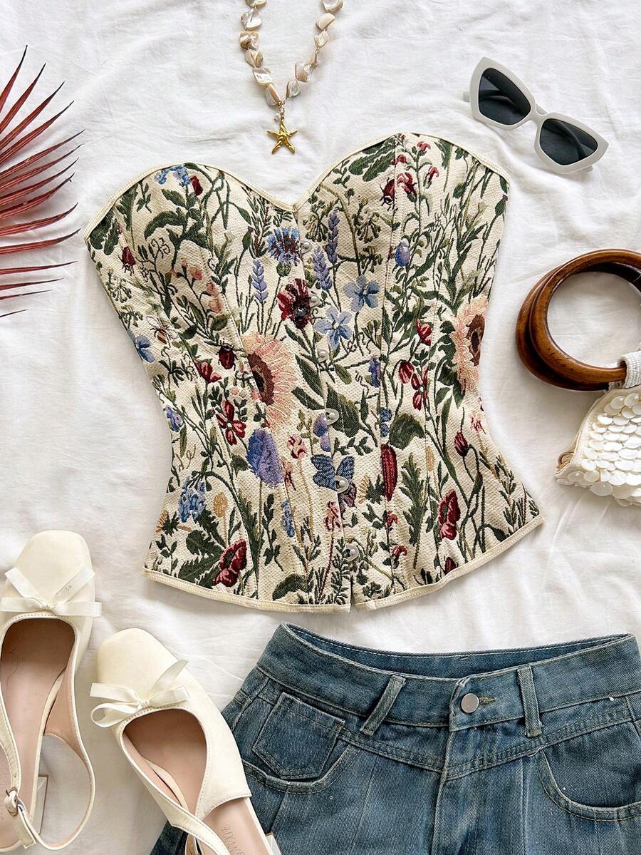 Women's apricot retro floral print bandeau crop top featuring a strapless asymmetrical neckline, lace-up back tie detail, and ruched slim fit woven fabric.