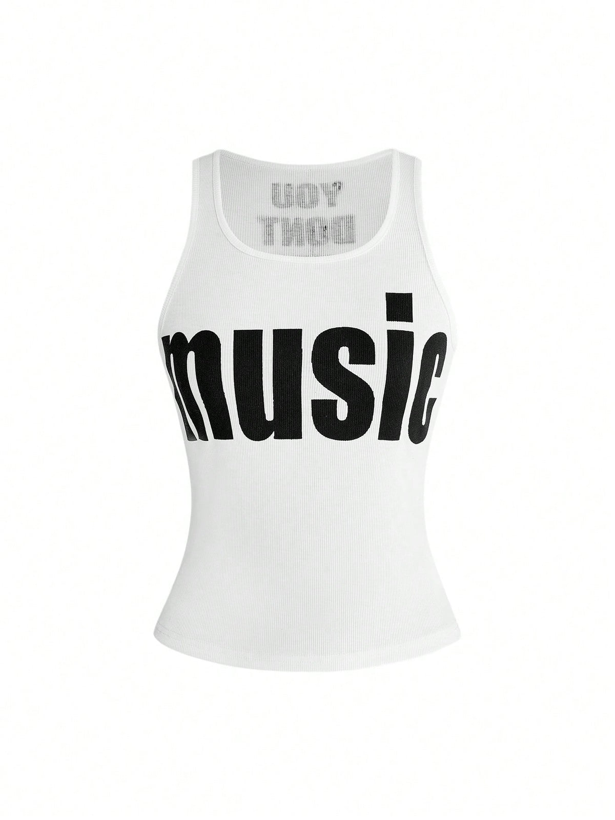 Women's slim fit scoop neck tank top in knitted fabric featuring a bold graphic letter slogan print on the front.