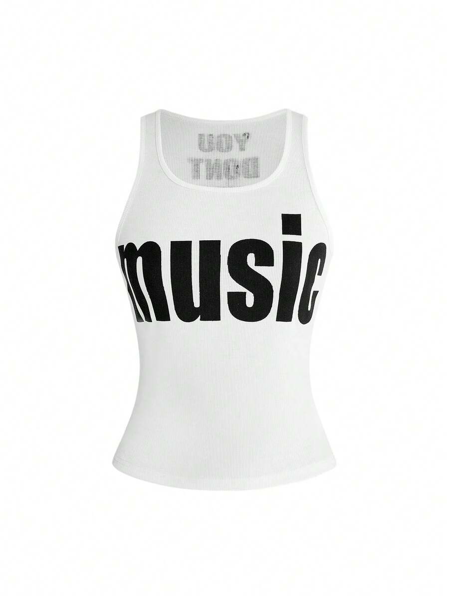 Women's slim fit scoop neck tank top in knitted fabric featuring a bold graphic letter slogan print on the front.
