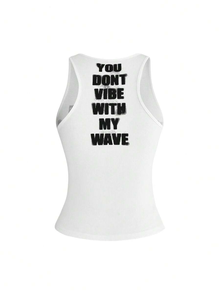 Women's slim fit scoop neck tank top in knitted fabric featuring a bold graphic letter slogan print on the front.