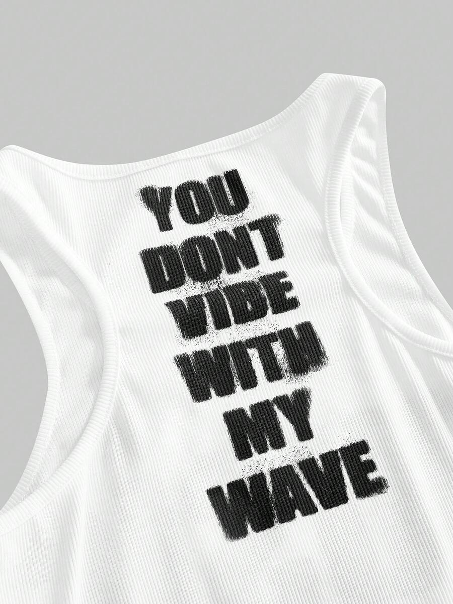Women's slim fit scoop neck tank top in knitted fabric featuring a bold graphic letter slogan print on the front.