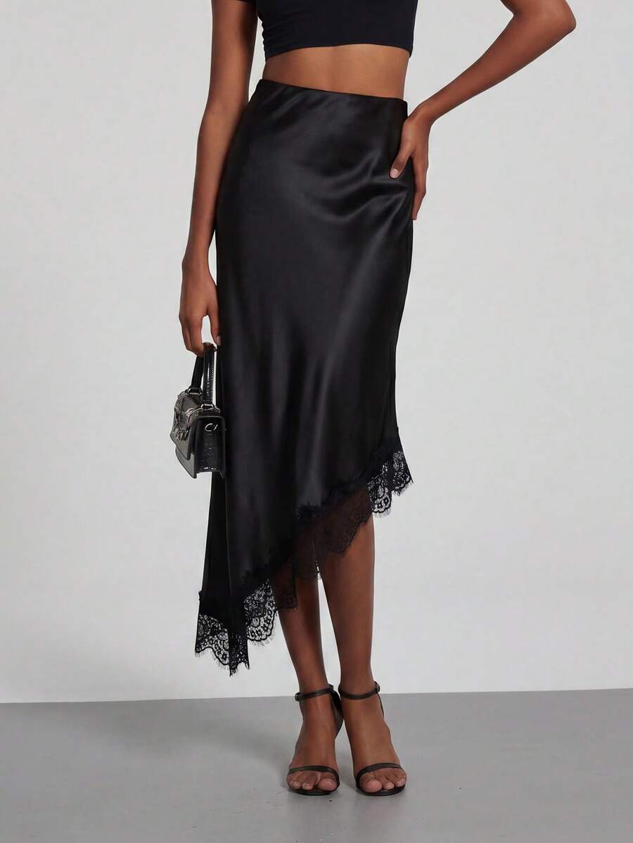 Black lace patchwork satin asymmetrical long skirt for women featuring a mid-waist loose fit design.