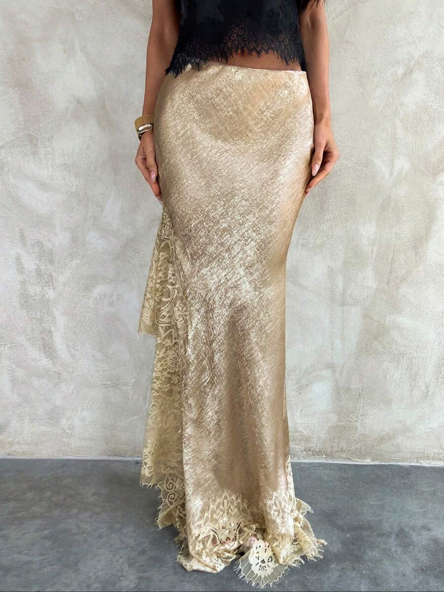 Women's elegant black lace patchwork mermaid maxi skirt featuring asymmetrical contrast lace design and low waist fit.