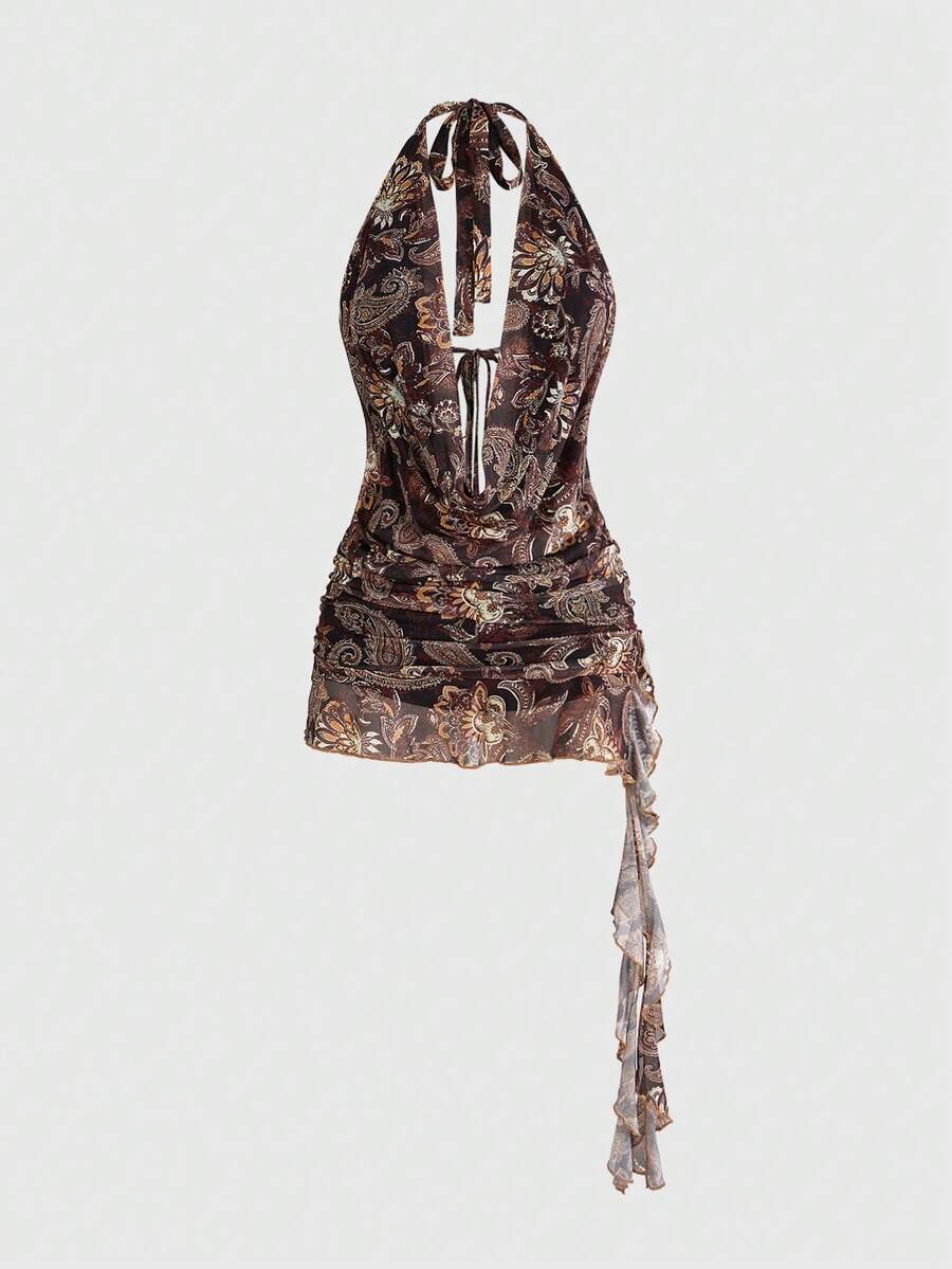 Multicolor paisley print halter bodycon mini dress for women featuring a backless tie-back design in sleeveless mesh fabric.