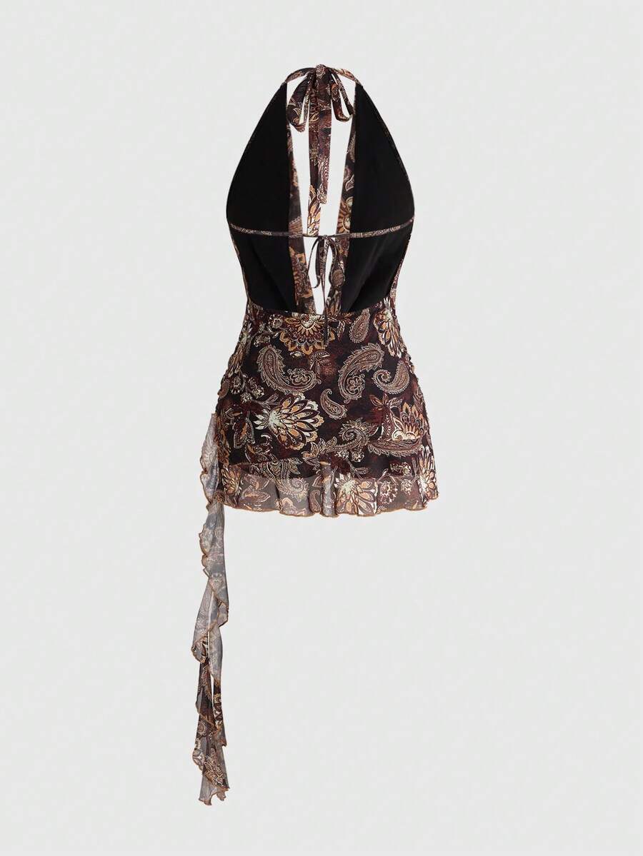 Multicolor paisley print halter bodycon mini dress for women featuring a backless tie-back design in sleeveless mesh fabric.