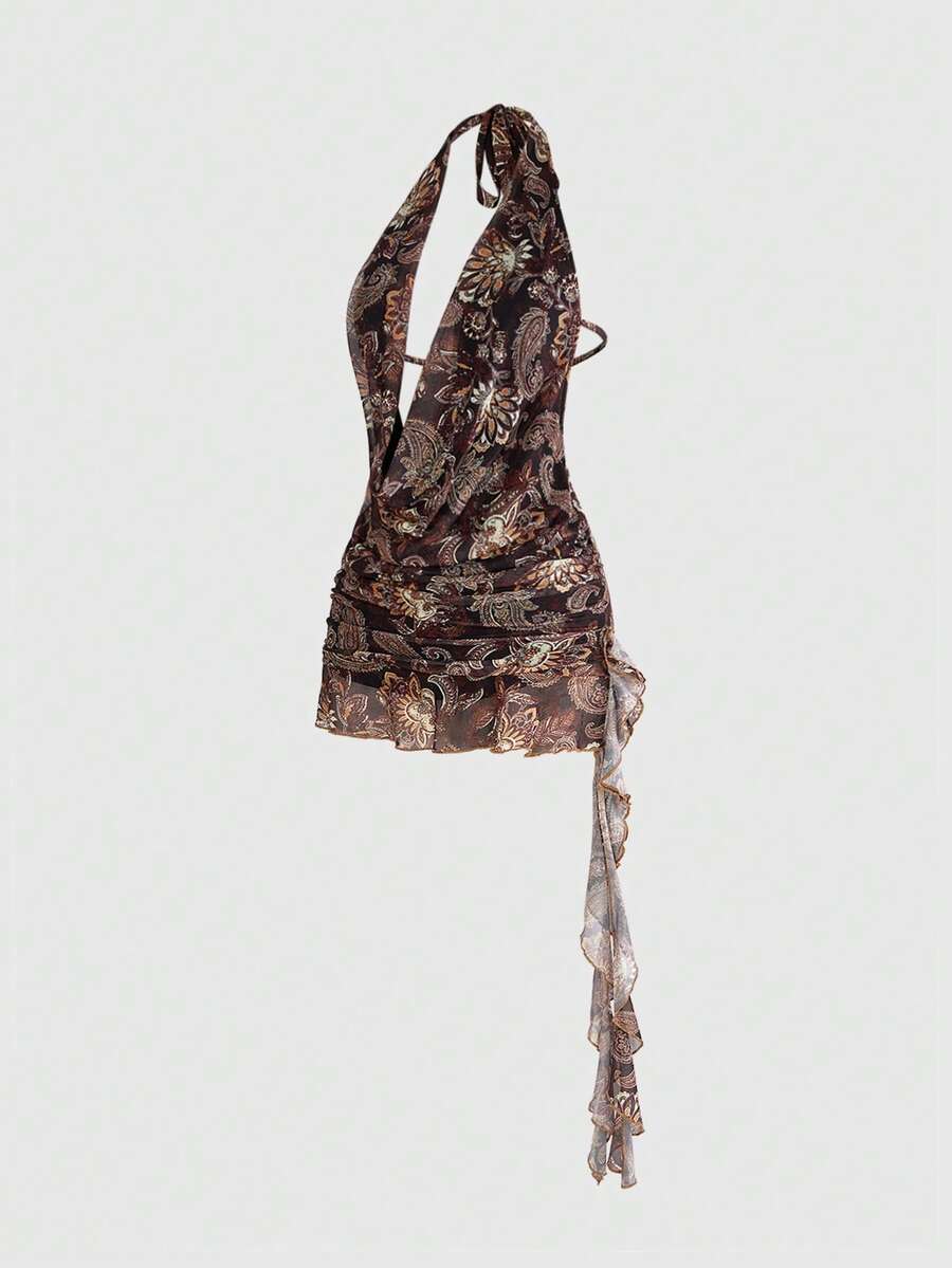 Multicolor paisley print halter bodycon mini dress for women featuring a backless tie-back design in sleeveless mesh fabric.