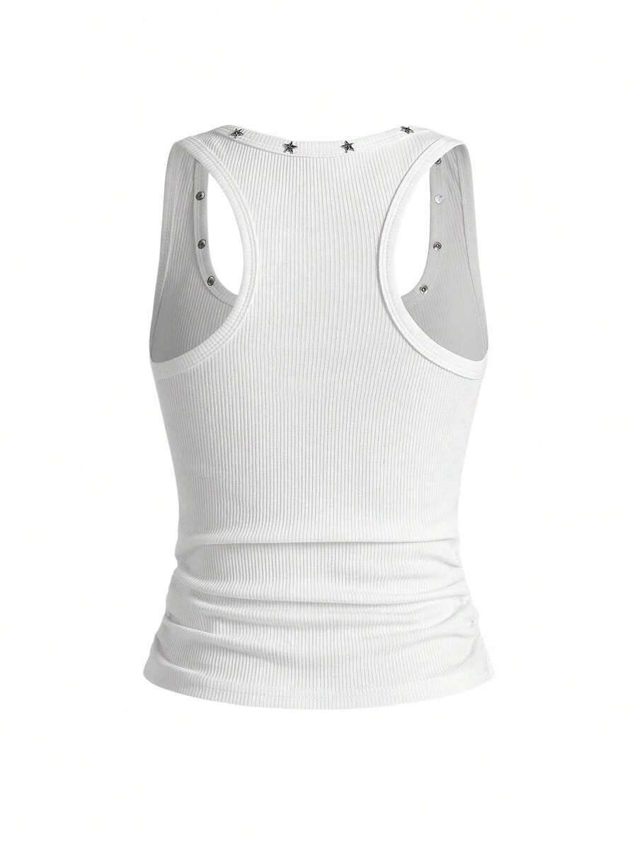 Women's black slim fit tank top featuring a starry sky rivet print and square neckline.