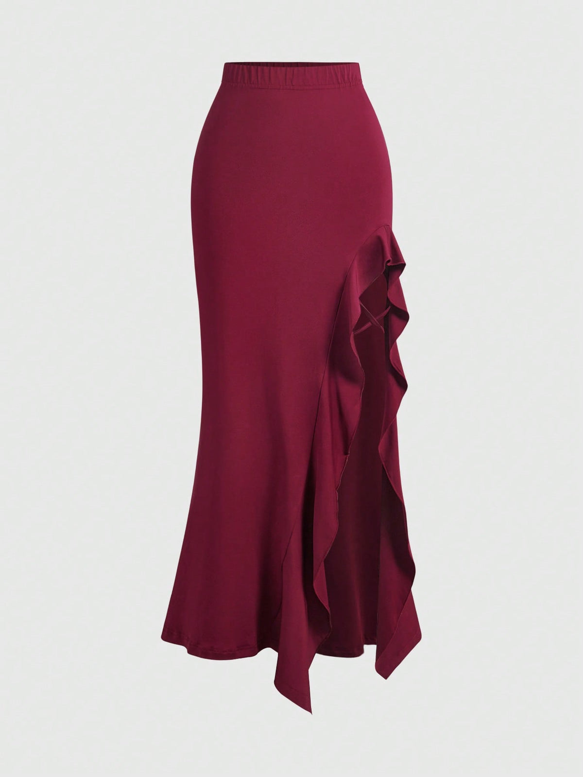 Women's ruffled slit hem skirt in black with criss-cross details, split thigh, skinny mermaid fit, and mid-waist style.