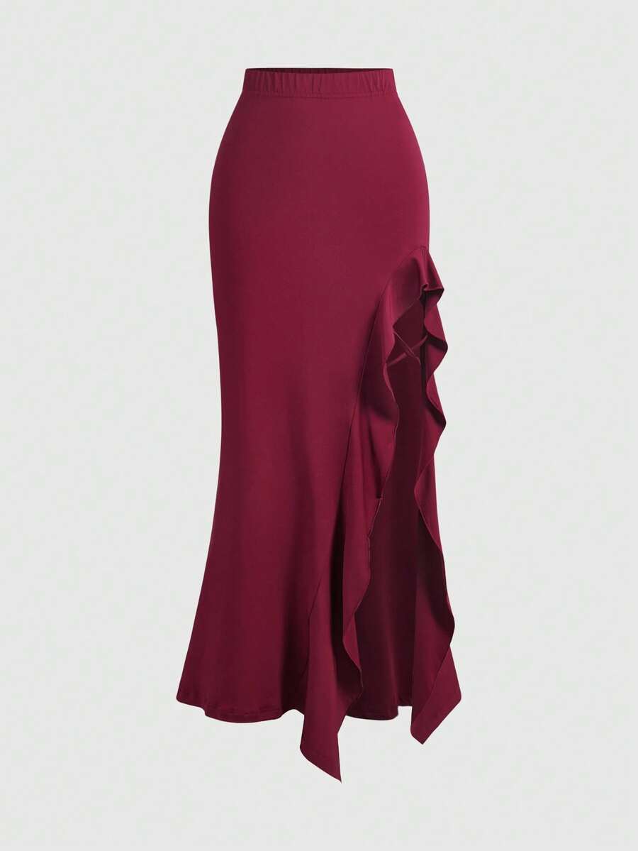 Women's ruffled slit hem skirt in black with criss-cross details, split thigh, skinny mermaid fit, and mid-waist style.