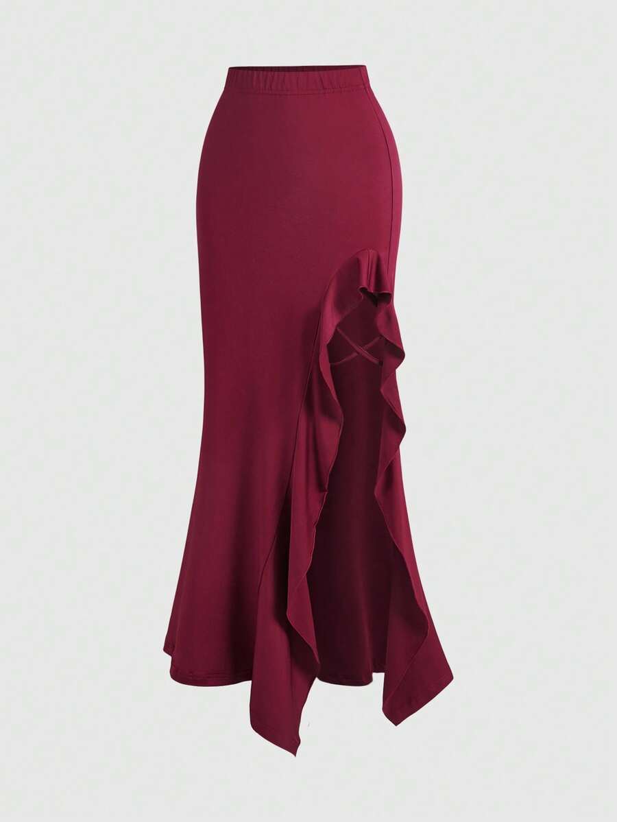 Women's ruffled slit hem skirt in black with criss-cross details, split thigh, skinny mermaid fit, and mid-waist style.