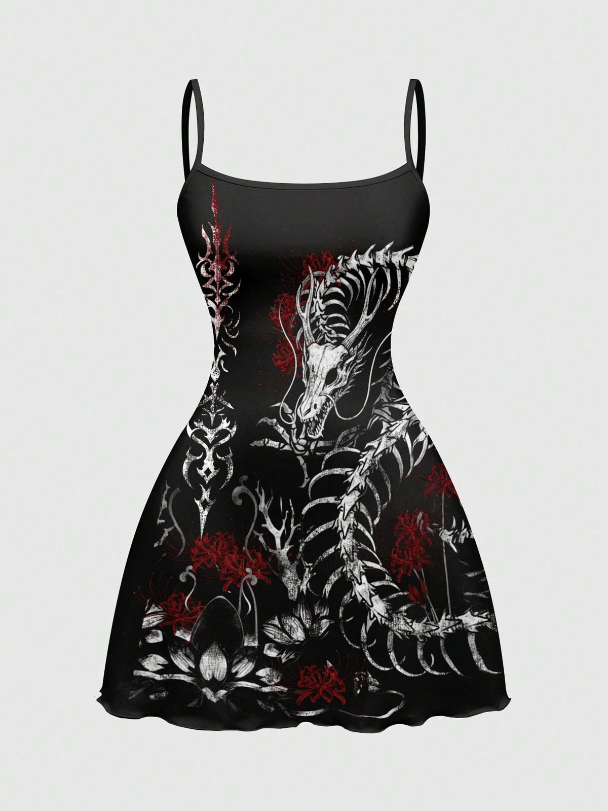 Women's black backless cami mini dress featuring spaghetti straps, lettuce trim detail, high waist, and a flared hem design.