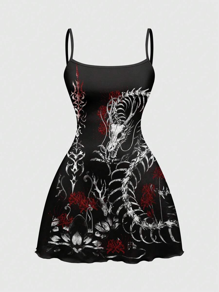 Women's black backless cami mini dress featuring spaghetti straps, lettuce trim detail, high waist, and a flared hem design.
