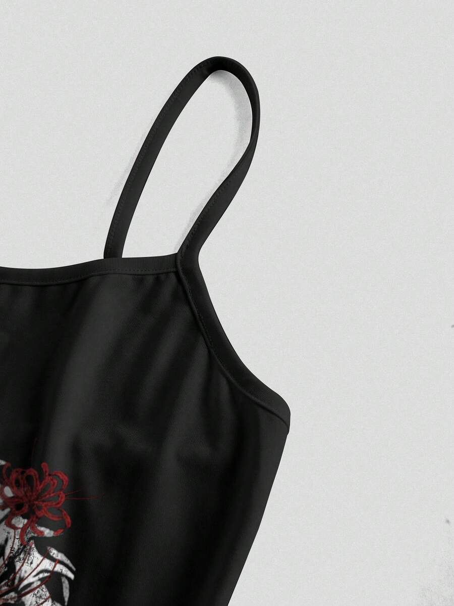 Women's black backless cami mini dress featuring spaghetti straps, lettuce trim detail, high waist, and a flared hem design.
