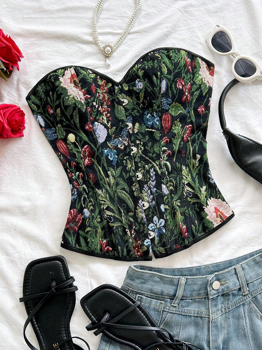 Women's apricot retro floral print bandeau crop top featuring a strapless asymmetrical neckline, lace-up back tie detail, and ruched slim fit woven fabric.