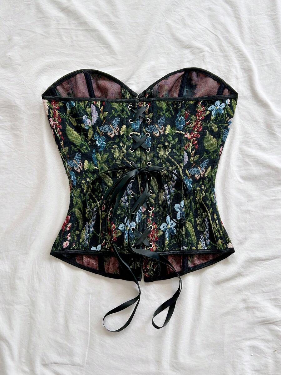 Women's apricot retro floral print bandeau crop top featuring a strapless asymmetrical neckline, lace-up back tie detail, and ruched slim fit woven fabric.