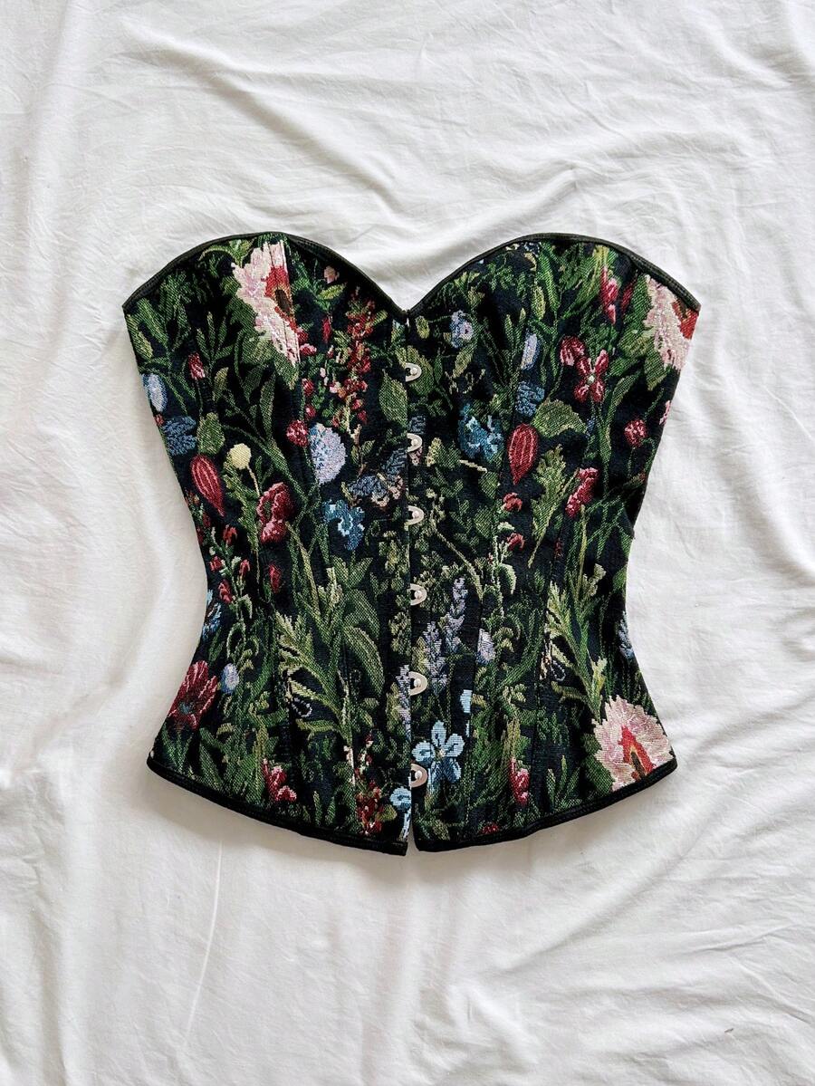 Women's apricot retro floral print bandeau crop top featuring a strapless asymmetrical neckline, lace-up back tie detail, and ruched slim fit woven fabric.