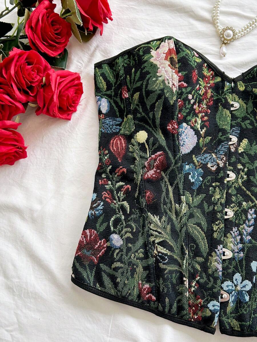 Women's apricot retro floral print bandeau crop top featuring a strapless asymmetrical neckline, lace-up back tie detail, and ruched slim fit woven fabric.