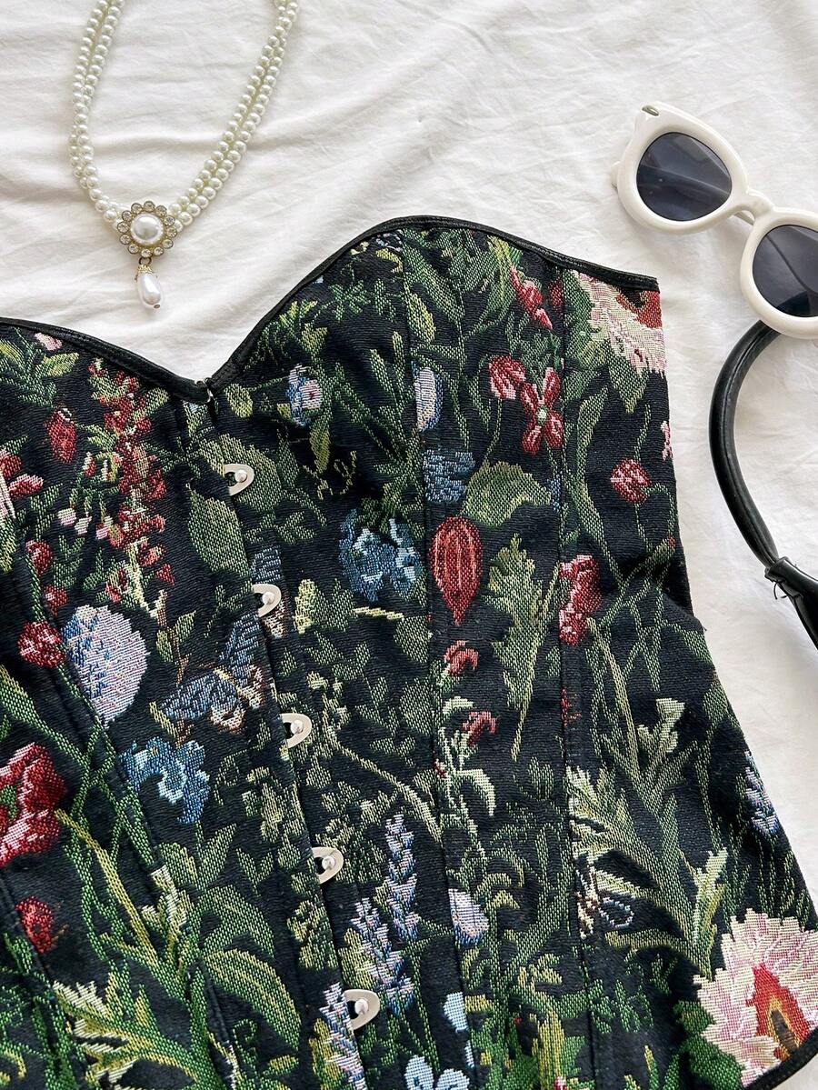 Women's apricot retro floral print bandeau crop top featuring a strapless asymmetrical neckline, lace-up back tie detail, and ruched slim fit woven fabric.