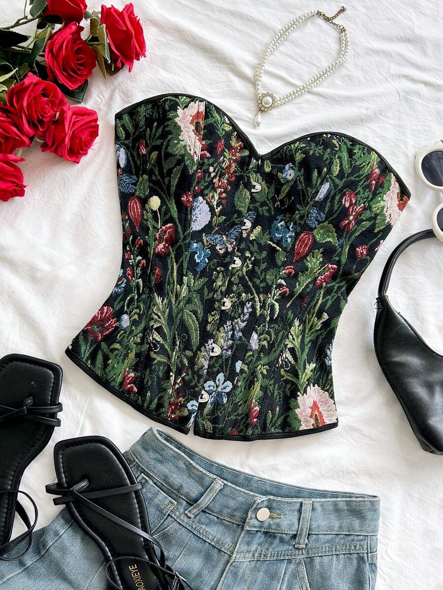 Women's apricot retro floral print bandeau crop top featuring a strapless asymmetrical neckline, lace-up back tie detail, and ruched slim fit woven fabric.