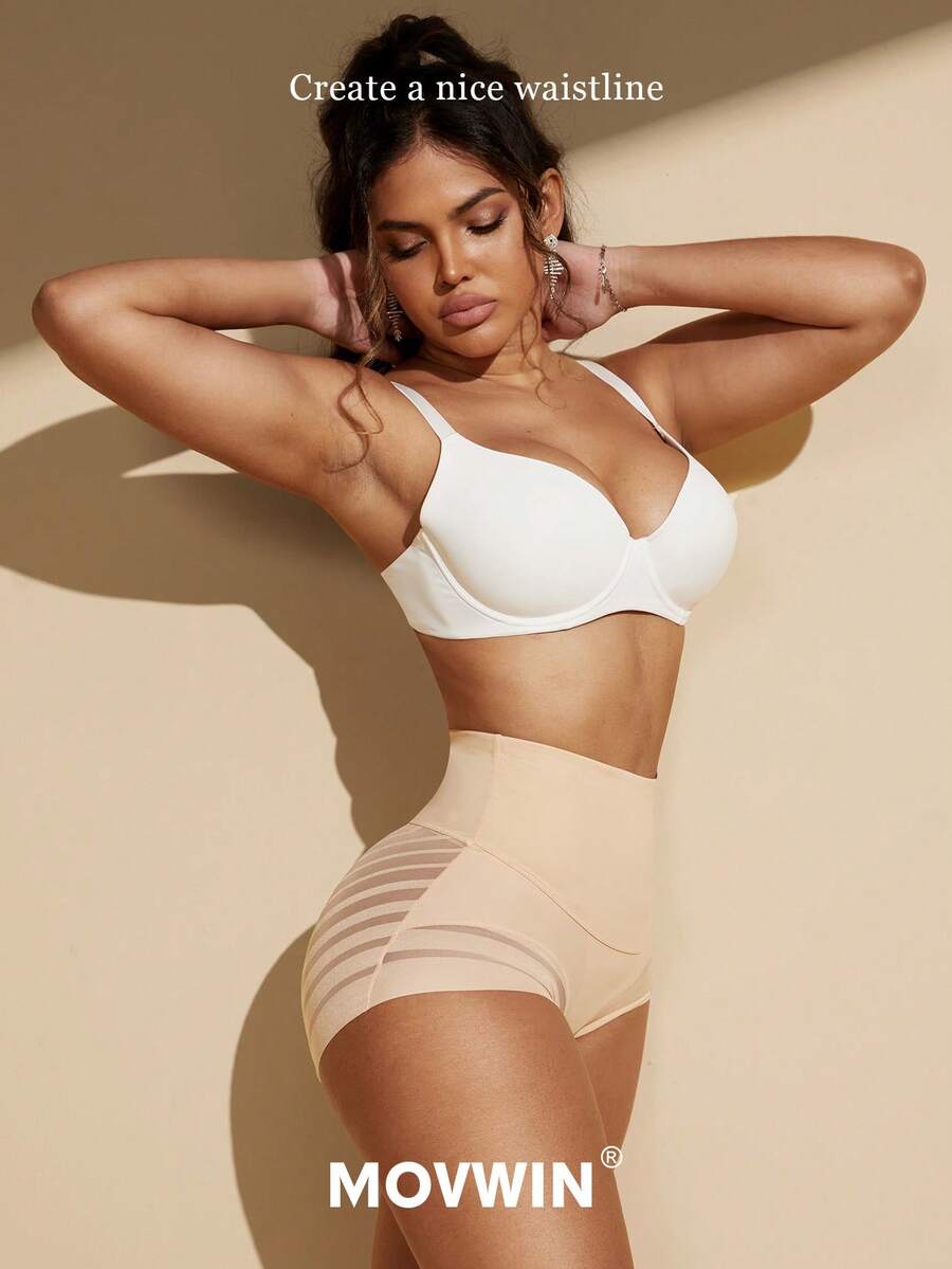Black high waist shaping panties with striped mesh detailing and ultra light tummy control support for women.