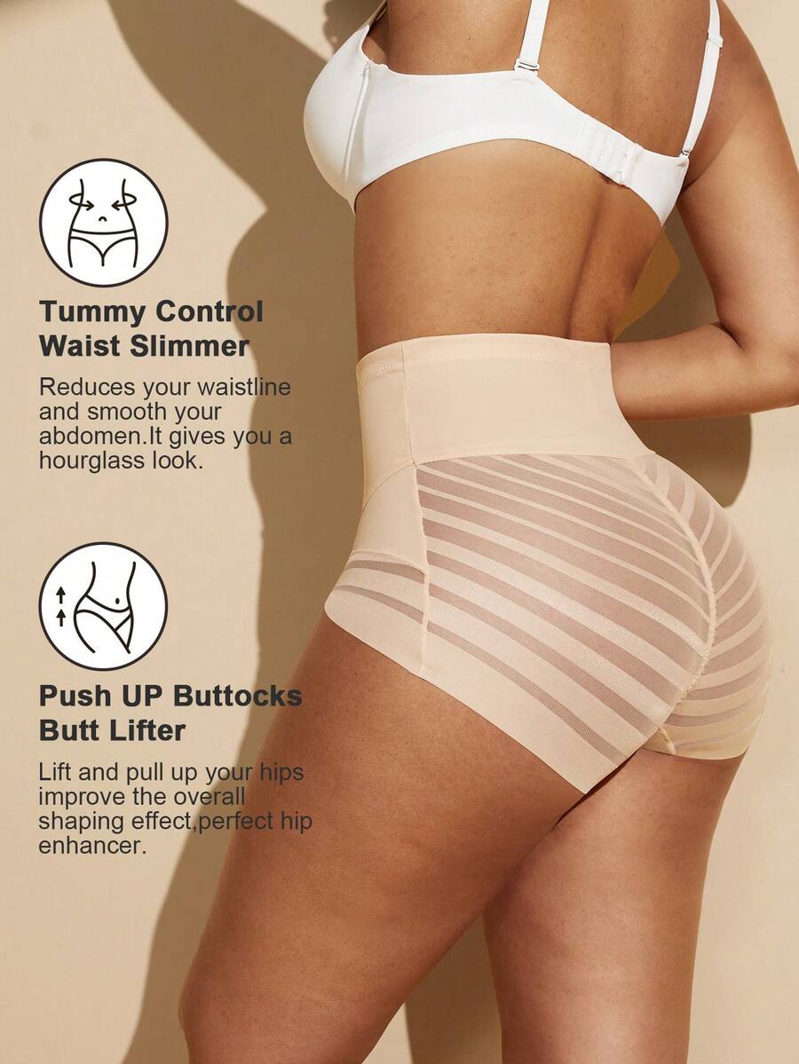 Black high waist shaping panties with striped mesh detailing and ultra light tummy control support for women.