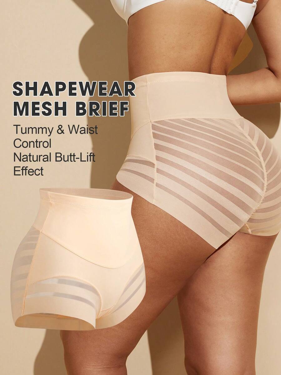 Black high waist shaping panties with striped mesh detailing and ultra light tummy control support for women.