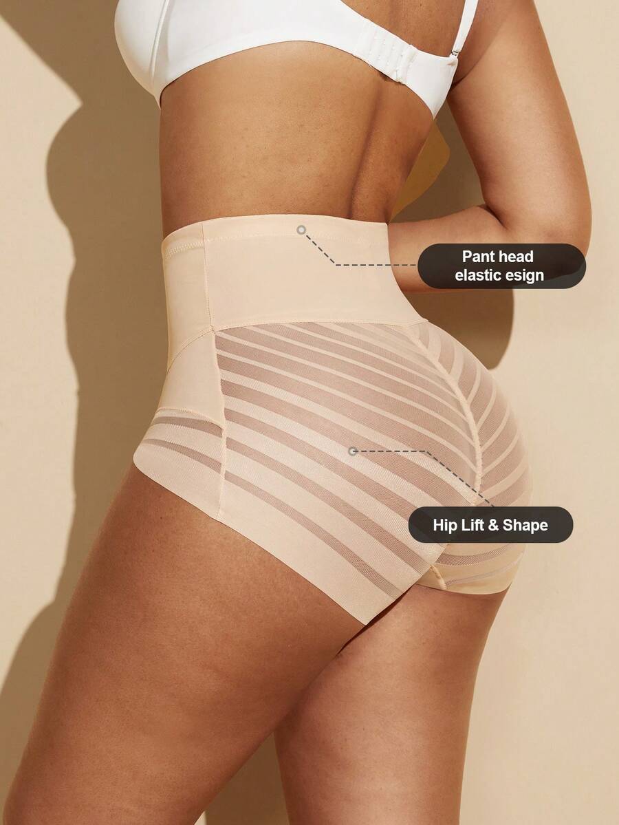 Black high waist shaping panties with striped mesh detailing and ultra light tummy control support for women.