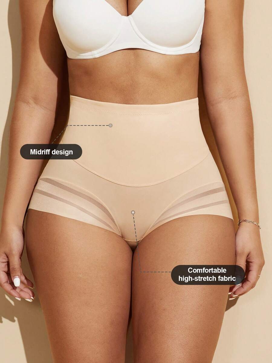 Black high waist shaping panties with striped mesh detailing and ultra light tummy control support for women.
