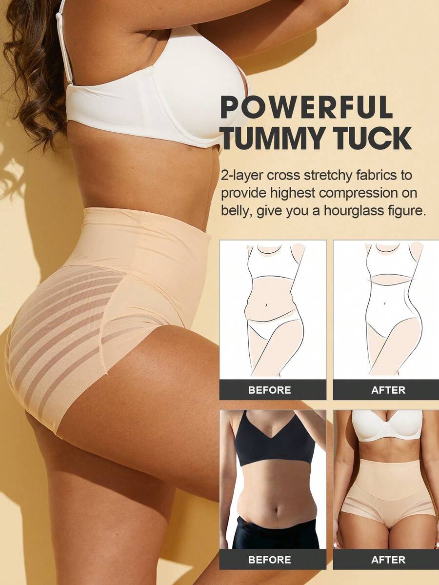 Black high waist shaping panties with striped mesh detailing and ultra light tummy control support for women.