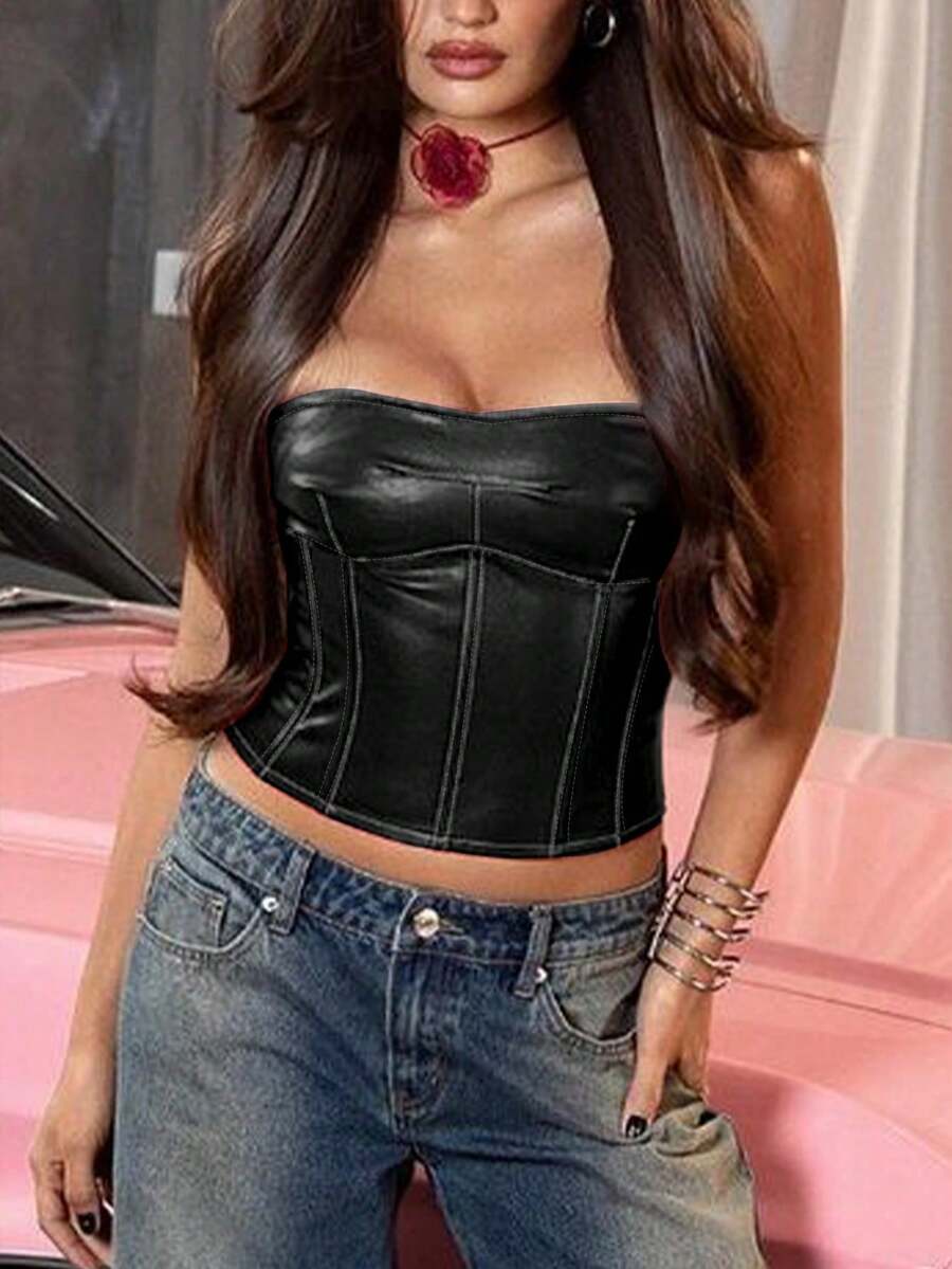 Burgundy Y2K PU leather strapless bustier crop top with lace-up backless design for women