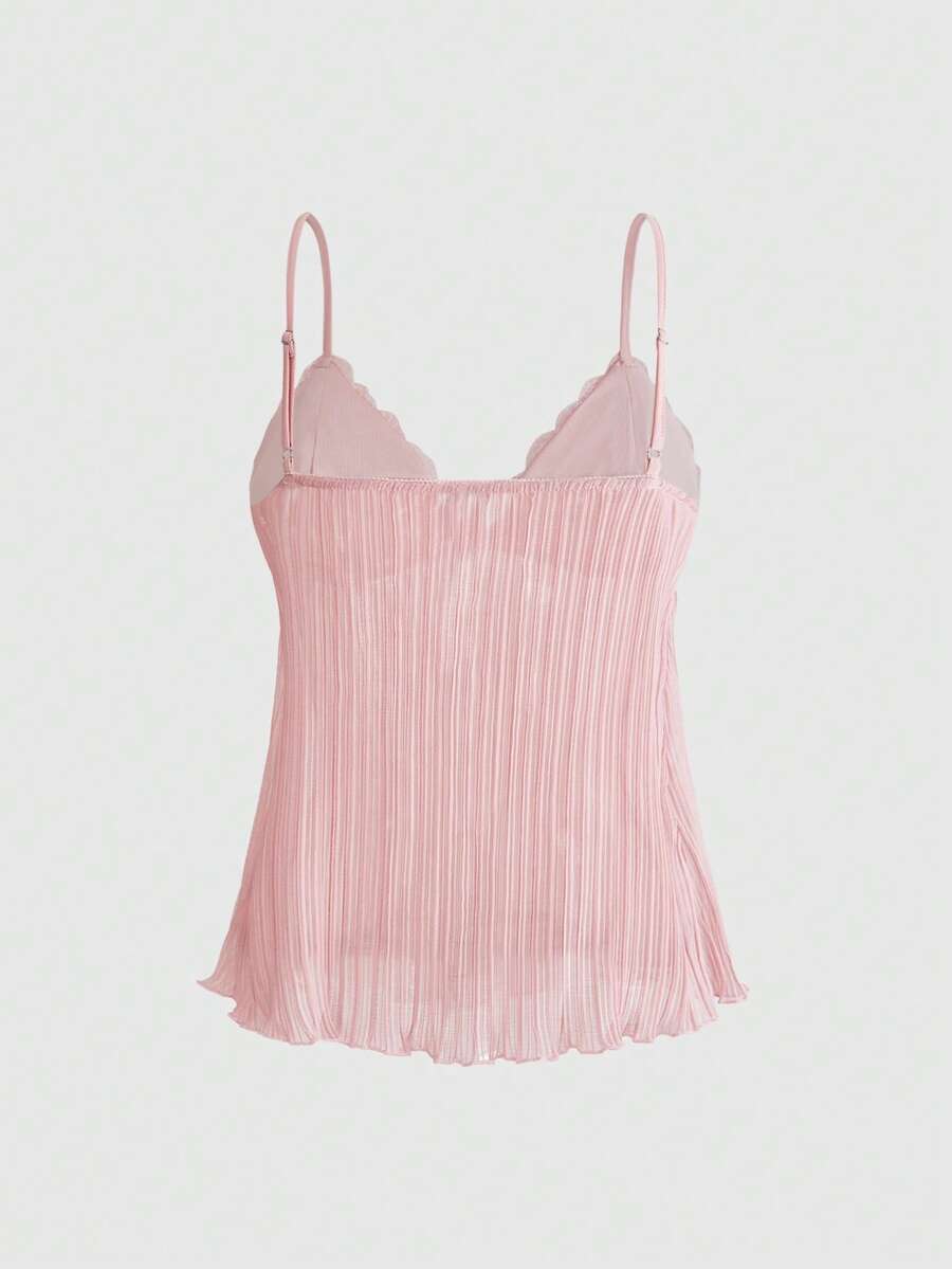 Pink lace embroidered spaghetti strap camisole top for women featuring backless design and slim fit silhouette.